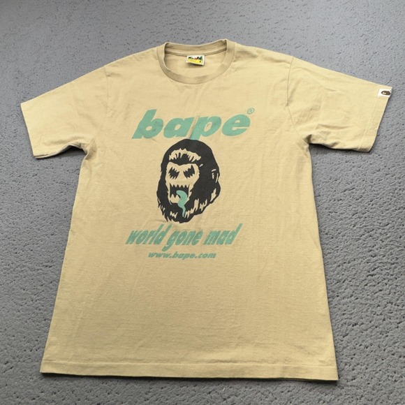 BAPE Shirt Mens Medium Brown World Gone Mad Ape Head Graphic Cotton Japan Tee